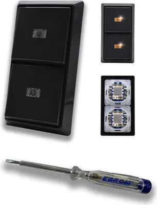 Produktbild von Busch Jäger Allwetter44 Klingel und Lichtschalter als Taster 2 x 2020 USGL mit Symbol Licht und Klingel (beleuchtet) 2 x Wippe 2-fach Rahmen anthrazit inkl. EBROM Phasenprüfer zur Montage der Schalter