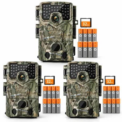 Productafbeelding van 3 stuks 4K wildcamera, 48MP, waterdicht, nachtzichtcamera, jachtcamera, bewegingssensor, camera voor dierenobservatie, inclusief 32GB geheugenkaart