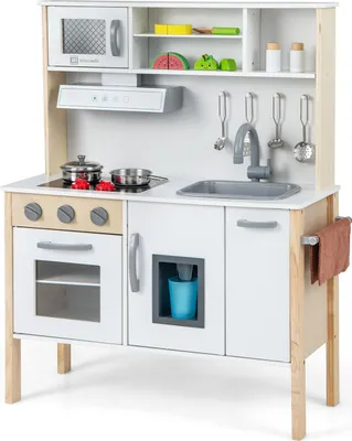 Produktbild von COSTWAY Kinderküche Spielküche inkl. 18 Zubehör, Kinder Küche Holz mit Spüle Mikrowelle Eismaschine Backofen,  für Kinder ab 3 Jahre
