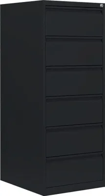 A black filing cabinet with six drawers is shown from a three-quarter angle against a white background.