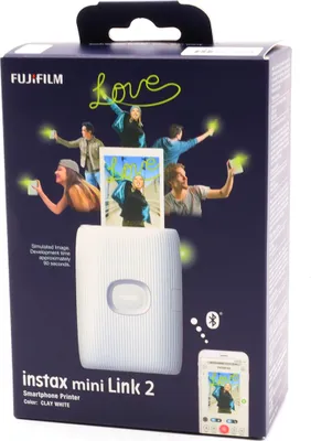 A product box for a Fujifilm Instax Mini Link 2 smartphone printer, showing people using the printer and a smartphone app.