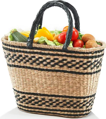 Obrázek produktu pro Kobolo Košík taška Nákupní taška Tkaná mořská tráva taška s dvoubarevný vzor umělé kůže rukojeti