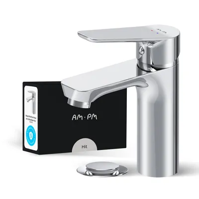 A chrome faucet and its packaging are displayed against a white background.