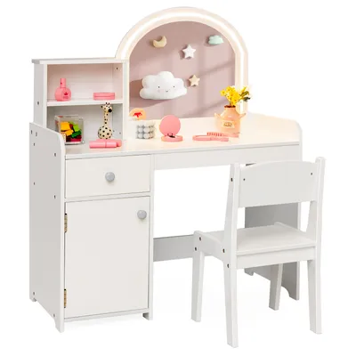 Produktbild von GOPLUS 2 in 1 Schminktisch für Kinder, Schminktisch- & Stuhl mit Regale, Schublade & Schrank, Prinzessin Frisiertisch mit Spiegel & zweifarbigen LED-Lichtern, für Kinder ab 3 Jahren