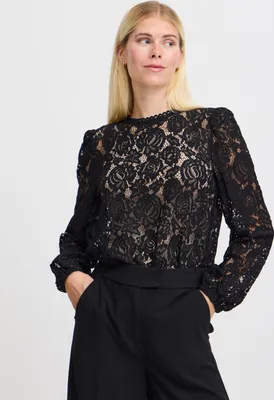Produktbild von b.young BYBxgilace Damen Bluse Blusenshirt Shirt Langarm leicht transparent Puffärmel Spitze Baumwollmischung Regular fit