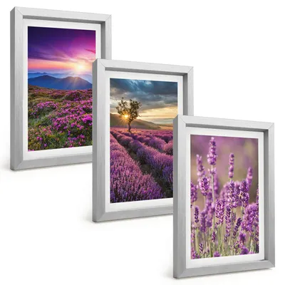 Produktbild von Bilder Set 3-teilig im silbergerahmten Rahmen – Wandbilder 3 Stück – gerahmte Poster für Wohnzimmer, Schlafzimmer und Flur – 20x30 cm – Sonnenuntergang auf Lavendelfeldern