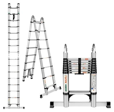 Produktbild von Teleskopleiter aus Aluminium 5 m (2,5 + 2,5) ausziehbar, rutschfeste Aluleiter, Mehrzweckleiter mit 150 kg Tragfähigkeit