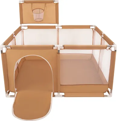 A beige and white playpen with a basketball hoop attachment.