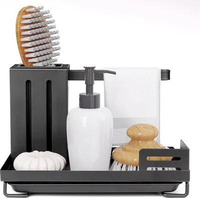Produktbild von Unyqoos® Spülbecken-Organizer aus Edelstahl – Küchen- und Bad-Organizer mit Abtropfschale, Schwamm-/Bürstenhalter und Seifenablage, schwarz