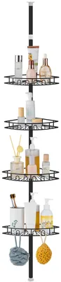 Image de Étagère de douche télescopique sans perçage - Étagère d'angle avec 4 paniers