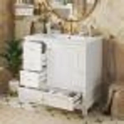 Produktbild von okwish BadezimmerWaschbeckenunterschrank mit Schubladen und Goldgriffen Badezimmerschrank mit Keramikwaschbecken Aufbewahrungsschrank Viel Stauraum Weiß
