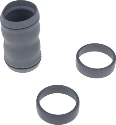 A gray rubber hose connector and two rings are shown against a white background.
