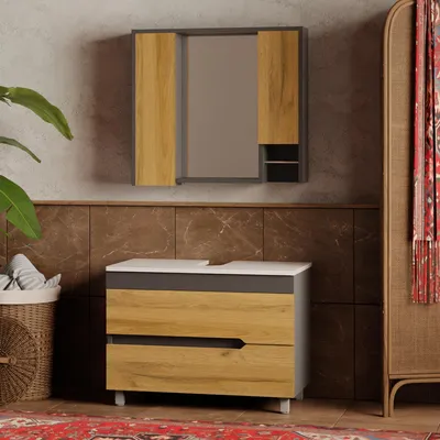 Produktbild von Badmöbel-Set stehend in Eiche/Anthrazit 80 cm | Unterschrank & Spiegelschrank