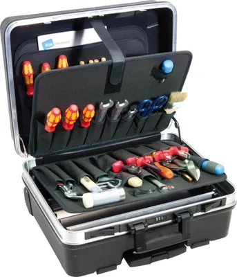 An open tool case filled with various tools.