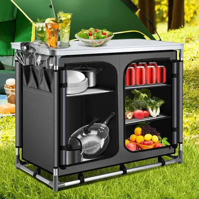 Immagine prodotto di Izrielar 97 x 50 x 78 cm Cucina da campeggio con 1 piano di lavoro, 5 scomparti, antracite – Armadio da campeggio per esterni Stazione cucina per campeggio, giardino e camper