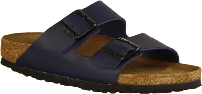A single blue Birkenstock sandal is shown against a white background.