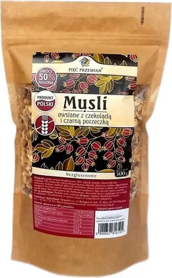 Produktbild von HAFERMÜSLI MIT SCHOKOLADE UND SCHWARZER JOHANNISBEERE – OHNE ZUCKERZUSATZ, GLUTENFREI, 500 g – PIĘĆ PRZEMIAN
