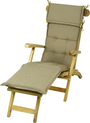 A wooden deck chair with a tan cushion, shown from a side angle against a white background.