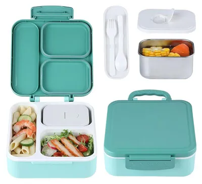 Bento Lunchbox mit 330 ml Thermoskanne, 3 Fächer, auslaufsicher, grün
