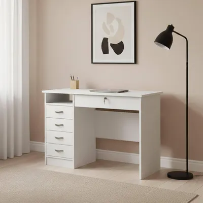 Produktbild von Schreibtisch mit fünf Schubladen, weiße Farbe, Maße 109 x 75 x 48 cm