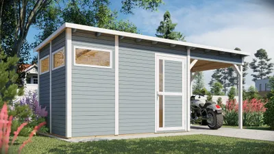 Produktbild von Gartenhaus Kiel 03 mit Anbaudach inkl. Fußboden, Hellgrau lackiert - 19 mm Elementgartenhaus, Nutzfläche: 7,70 m², Flachdach