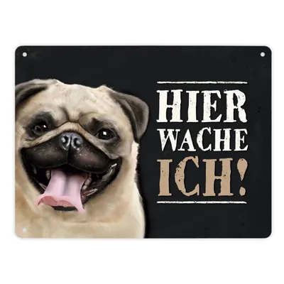 Produktbild von Hier wache ich! Metallschild XL mit Mops Motiv Schild Blechschild Emailleschild