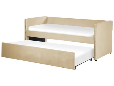 Produktbild von BELIANI Tagesbett Beige Samtstoff mit Lattenrost 90 x 200 cm Ausziehbar Modern Glamour Ausziehbett für 2 Personen Gästezimmer Kinderzmmer Jugendzimmer