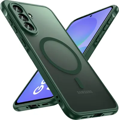 A dark green phone case with a magnetic ring is shown on a white background, with a phone screen visible underneath.