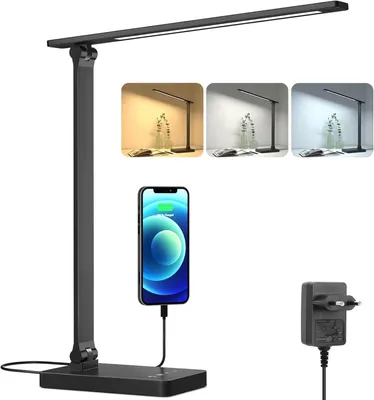 Produktbild von Lepro LED Schreibtischlampe 15W, Dimmbar Tischleuchte 655LM mit 3 Farbmodi & 5 Helligkeitsstufen, USB-Anschluss, Augenschutz Leselampe für Büro, Arbeitszimmer, Nachttisch & Lesen, Schwarz