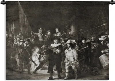 Produktbild von MuchoWow® Wandteppich Wandbehang Die Nachtwache in Schwarz und Weiß - Rembrandt van Rijn 150x112.50 cm Tapisserie Dekoration Wandtuch - Wanddecke - Wandteppiche