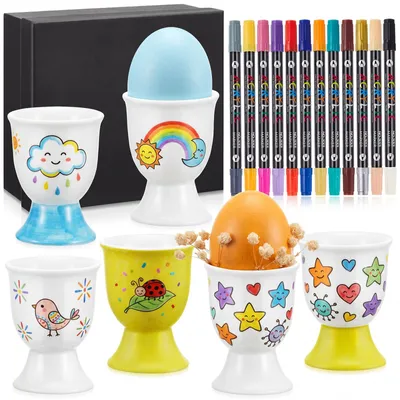 6er-Set Eierbecher zum Selbstbemalen mit Markern, Keramik, Ostern