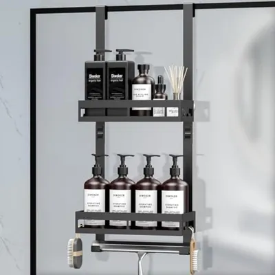 Productafbeelding van PromoHome® Doucheplank – Ophangbaar – Badkamerorganizer met 2 manden, voor in de douchecabine, zwart, 27x10x59 cm
