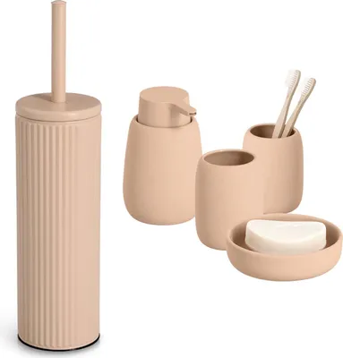Produktbild von 5-teiliges Badezimmer-Set Keramik mandel Badzubehör-Set besteht aus: Seifenspender, 2x Zahnputzbecher, Seifenschale, WC-Bürste, moderne Badausstattung