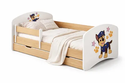 Produktbild von Sicheres Kinderbett "Happy" 140x70 Holzoptik | Komplett-Bett mit Schublade & Abnehmbarem Rausfallschutz, Stabiles, Hunde Motive
