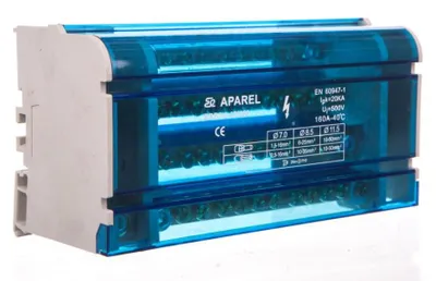 Imagen del producto de Bloque distribuidor de 4 vías: 1 conexión de 11,5 mm², 3 conexiones de 8,5 mm² y 8 conexiones de 7 mm². Modelo: EBR2 4-12/160 R33RA-02020300501