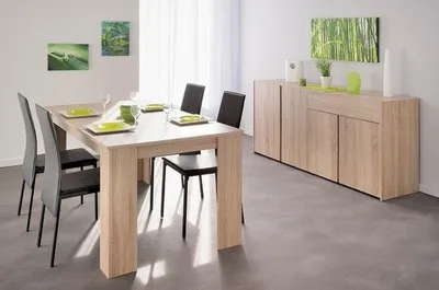 Zdjęcie produktu dla Nowoczesny zestaw do jadalni: stół i 4 krzesła oraz komoda, wykonane z drewna