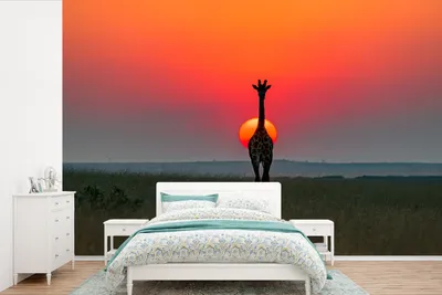 Produktbild von MuchoWow® Fototapete für Wohnzimmer oder Schlafzimmer Wandtapete Vinyl Motivtapete Giraffe - Sonne - Himmel - 360x240 cm - Vinyl-Tapete