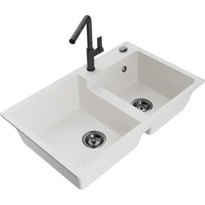Obrázok produktu pre Mexen Tomas granitový dvojkomorový drez s kuchynskou batériou Flora, Biela - 6516-20-670401-70-B