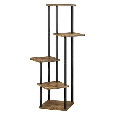 A multi-tiered plant stand with a metal frame and wooden shelves.