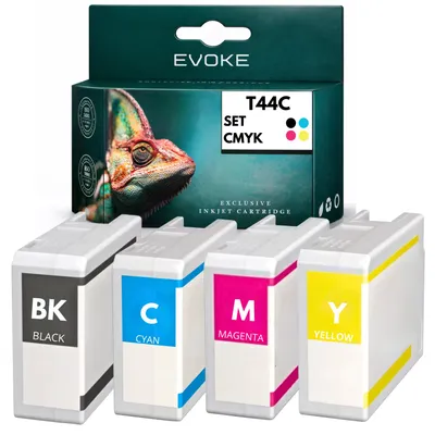 Obrázok produktu pre Kompatibilné atramenty Evoke pre tlačiarne Epson T44C1, T44C2, T44C3, T44C4 (4x CMYK: čierna, azúrová, purpurová, žltá), objem 320 ml. Vhodné pre modely ColorWorks CW-C6000Ae, C6000Pe, C6010A, C6010P, C6500Ae, C6500Pe, C6510A, C6510P