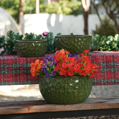 Produktbild von 3er Set Blumenkübel Rund Keramik Glasiert Modern Hammerschlag-Optik Frostsicher mit Ablaufloch Pflanzkübel Set für Garten & Balkon Antik-Grün Ø 38/30/25 cm