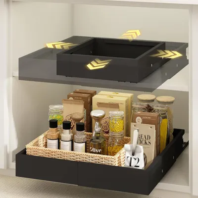Obrázek produktu pro Organizér do zásuvek, rozměry 26-41 cm, 2 kusy, s nastavitelnou šířkou, kovový, černý, vhodný do kuchyňské skříňky