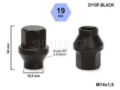 Obrázek produktu pro Kolová matice M14x1,5 kužel s krčkem 16,5 mm zavřená, klíč 19, D110F-BLACK, výška 34 mm, délka krčku 6 mm, černá