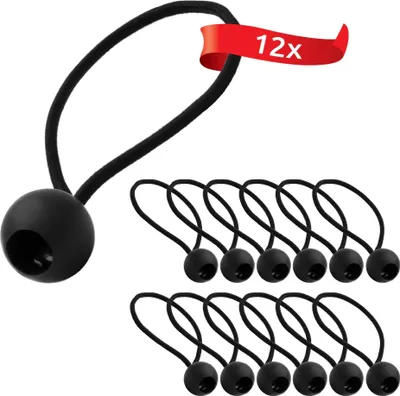 A collection of black bungee cords with ball ends, arranged on a white background.