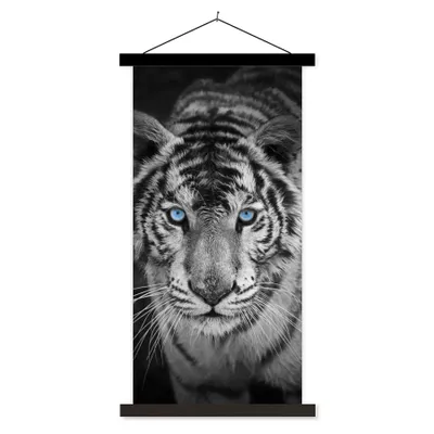 Produktbild von MuchoWow® Textilposter Tiere - Tiger - Schwarz und weiß - Augen - Blau 60x120 cm mit schwarzem Rahmen - Magnete