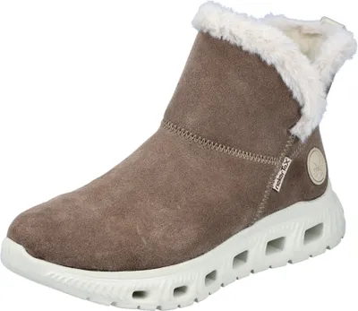 A single beige boot with white fur lining and a white sole is shown against a white background.