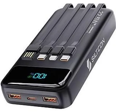 Produktbild von Siltcon® Powerbank 30000mAh – 22,5W Schnellladen – USB-C/USB-A – LED-Anzeige – Notfallset – 3 Ports – 4 Kabel – Schwarz
