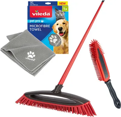 Produktbild von Vileda Pet Pro Besen Komplettset für Haustierbesitzer, Set mit Always Clean Besen, Elektrostatische Bürste und Microfasertuch XL
