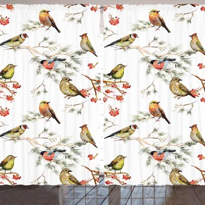 Produktbild von ARANDE Tier Gardine, Spatzen-mollige Vögel-ethnische Blätter verzweigt sich Kiefer-Aquarell-Bild-Grafik, 280 x 245 cm, Mehrfarbig