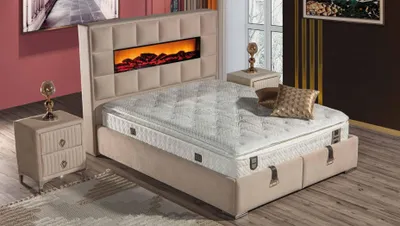 Produktbild von Elegantes Bett mit Matratze in Beige aus Textil und Edelstahl